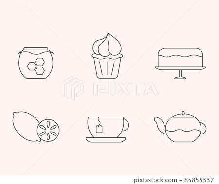Tea Time Icons Set. Thin line, black contour, outline, flat design. Isolated elements of cup, teapot, honey jar, lemon fruit, cake. Vector Tea Time Icons Set. Thin line, black contour, outline, flat design. Isolated elements of cup, teapot, honey jar, lemon fruit, cake. Vector 85855337