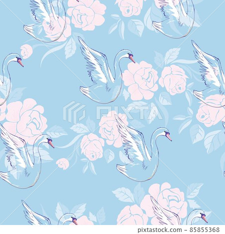 Seamless pattern with white swans. White swans on pink background. Vector illustration. 85855368