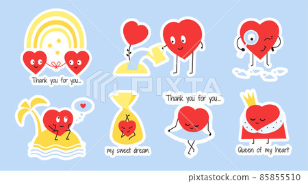 Romantic stickers with red happy hearts. Vector sticker sheet for Valentines day with cute heart characters. Love and friendship. Perfect match. Couple in love. Two hearts. Find your love, soulmate 85855510