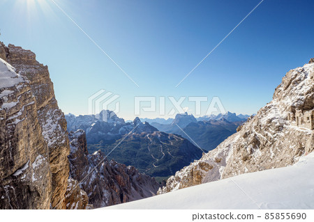 Panoramic view of the famous peaks of the Dolomites, Belluno Province, Dolomiti Alps, Italy 85855690
