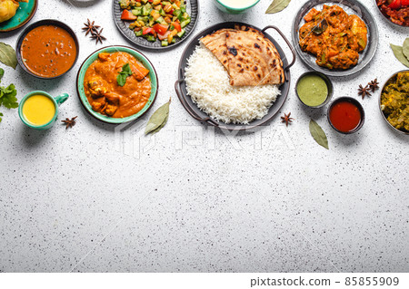 Indian ethnic food buffet on white concrete table top view copy space 85855909