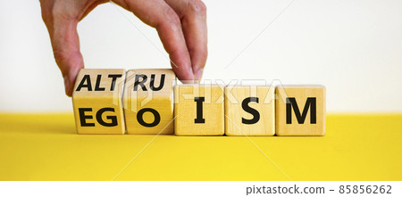 Altruism or egoism symbol. Businessman turns wooden cubes and changes the word 'egoism' to 'altruism'. Beautiful white background, copy space. Business, psychological and altruism or egoism concept. Altruism or egoism symbol. Businessman turns wooden cubes and changes the word 'egoism' to 'altruism'. Beautiful white background, copy space. Business, psychological and altruism or egoism concept. 85856262