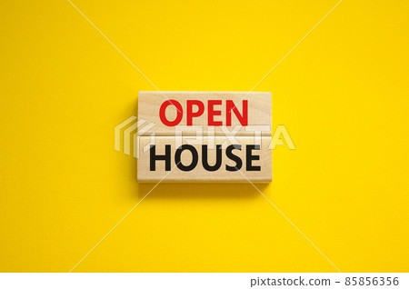 Time to open house symbol. Concept words Open house on wooden blocks on a beautiful yellow background. Business and time to open house concept. Copy space. Time to open house symbol. Concept words Open house on wooden blocks on a beautiful yellow background. Business and time to open house concept. Copy space. 85856356