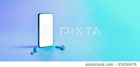 Mockup app. Mobile smartphone technology blank screen. Mock up smart phone device, audio headphones equipment on neon gradient banner. Game design, mobile application presentation, portfolio mockups. 85856476