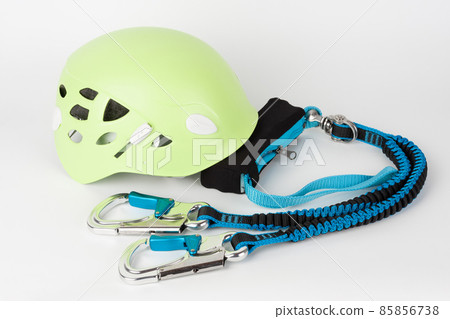 Via ferrata set, one touch carabiners, elastic safety branches with strap fall absorber and green climbing helmet 85856738