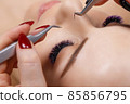 Eyelash Extension Procedure. Woman Eye with Long Blue Eyelashes. Ombre effect. Close up, selective focus. 85856795