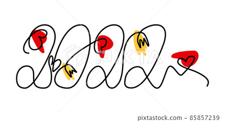 2022 holiday handwritten lettering with decoration in the form of hearts and tulips on a white background with color spots. Design and lettering For New Year and Christmas cards and greetings in a 2022 holiday handwritten lettering with decoration in the form of hearts and tulips on a white background with color spots. Design and lettering For New Year and Christmas cards and greetings in a 85857239