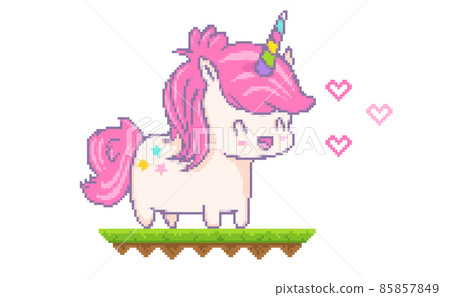 Vector illustration of a kawaii unicorn with hearts in pixel art style. 85857849