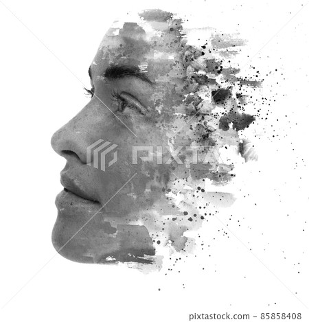 Paintography. A portrait of a young woman combined with black ink splashes. 85858408