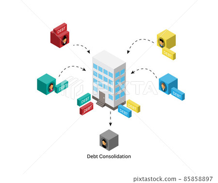 Debt consolidation is a sensible financial strategy to merge multiple bills into a single debt that is paid off with a debt management plan 85858897
