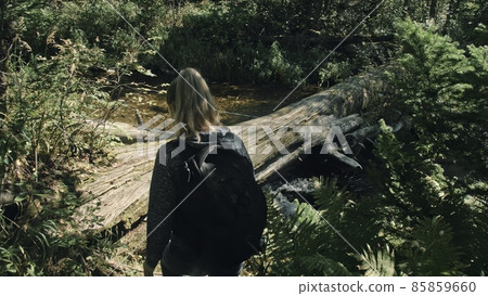 Traveler photographing scenic view in forest river. Wood bridge fallen tree. One caucasian woman shooting nice magic look. Girl take photo on camera. Traveler photographing scenic view in forest river. Wood bridge fallen tree. One caucasian woman shooting nice magic look. Girl take photo on camera. 85859660