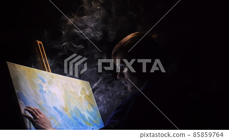 Artist copyist paint seascape with ship in ocean. Vaper smoke vape e-cigarette. Craftsman decorator draw as boat sail on blue sea with acrylic color. Artist copyist paint seascape with ship in ocean. Vaper smoke vape e-cigarette. Craftsman decorator draw as boat sail on blue sea with acrylic color. 85859764