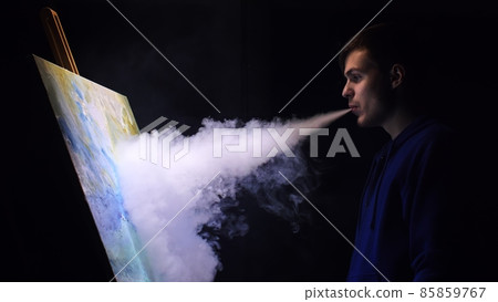 Artist copyist paint seascape with ship in ocean. Vaper smoke vape e-cigarette. Craftsman decorator draw as boat sail on blue sea with acrylic color. Artist copyist paint seascape with ship in ocean. Vaper smoke vape e-cigarette. Craftsman decorator draw as boat sail on blue sea with acrylic color. 85859767