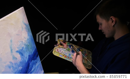 Artist copyist paint seascape with ship in ocean. Craftsman decorator draw as boat sail on blue sea with acrylic oil color. Artist copyist paint seascape with ship in ocean. Craftsman decorator draw as boat sail on blue sea with acrylic oil color. 85859771