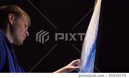 Artist copyist paint seascape with ship in ocean. Craftsman decorator draw as boat sail on blue sea with acrylic oil color. Draw brush, knife palette. Artist copyist paint seascape with ship in ocean. Craftsman decorator draw as boat sail on blue sea with acrylic oil color. Draw brush, knife palette. 85859774