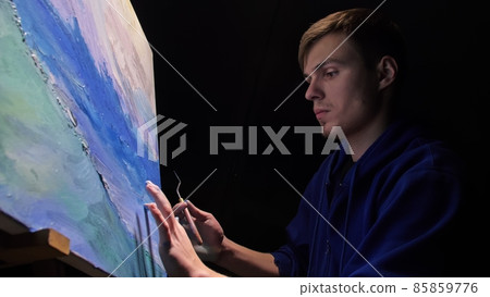 Artist copyist paint seascape with ship in ocean. Craftsman decorator draw as boat sail on blue sea with acrylic oil color. Draw brush, knife palette. Artist copyist paint seascape with ship in ocean. Craftsman decorator draw as boat sail on blue sea with acrylic oil color. Draw brush, knife palette. 85859776