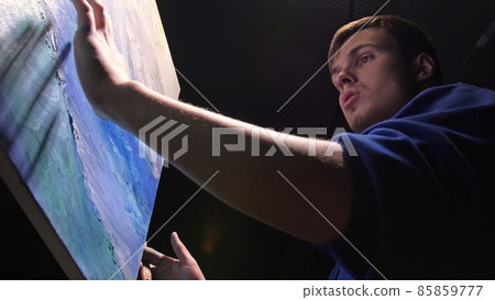 Artist copyist paint seascape with ship in ocean. Craftsman decorator draw as boat sail on blue sea with acrylic oil color. Artist copyist paint seascape with ship in ocean. Craftsman decorator draw as boat sail on blue sea with acrylic oil color. 85859777