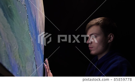 Artist copyist paint seascape with ship in ocean. Craftsman decorator draw as boat sail on blue sea with acrylic oil color. Draw brush, knife palette. Artist copyist paint seascape with ship in ocean. Craftsman decorator draw as boat sail on blue sea with acrylic oil color. Draw brush, knife palette. 85859778