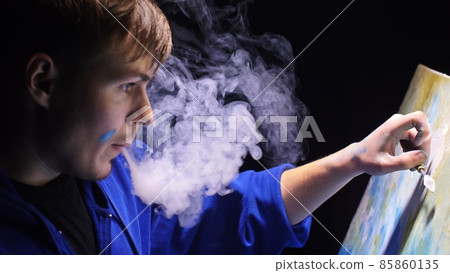 Artist copyist paint seascape with ship in ocean. Vaper smoke vape e-cigarette. Craftsman decorator draw as boat sail on blue sea with acrylic color. 85860135