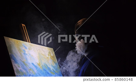 Artist copyist paint seascape with ship in ocean. Vaper smoke vape e-cigarette. Craftsman decorator draw as boat sail on blue sea with acrylic color. 85860148