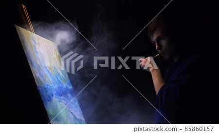 Artist copyist paint seascape with ship in ocean. Vaper smoke vape e-cigarette. Craftsman decorator draw as boat sail on blue sea with acrylic color. 85860157