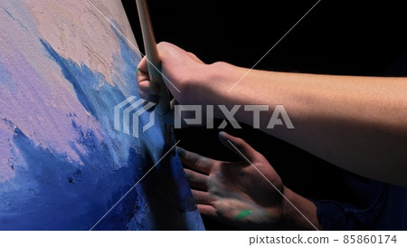 Artist copyist paint seascape with ship in ocean. Craftsman decorator draw as boat sail on blue sea with acrylic oil color. Artist copyist paint seascape with ship in ocean. Craftsman decorator draw as boat sail on blue sea with acrylic oil color. 85860174