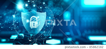 Shield with Padlock icon on Circuit board and Network wireframe with binary code over blue background abstract. Cyber attack block, Cyber data, and Information privacy Concept. 3D Rendering. Shield with Padlock icon on Circuit board and Network wireframe with binary code over blue background abstract. Cyber attack block, Cyber data, and Information privacy Concept. 3D Rendering. 85862182
