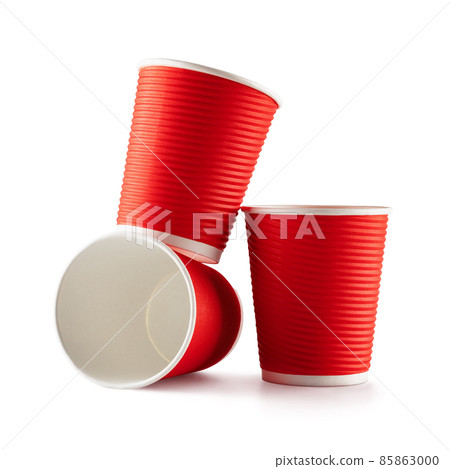 Recycling paper red cups on white background Recycling paper red cups on white background 85863000
