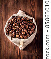 Burlap bag with coffee beans on wooden background 85863010