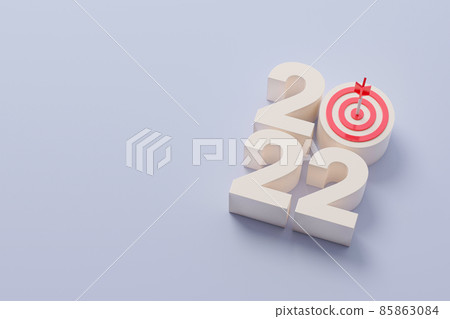 New year resolution 2022. Goal achievement. Ambition aiming success. Dartboard and arrow with number New year resolution 2022. Goal achievement. Ambition aiming success. Dartboard and arrow with number 85863084