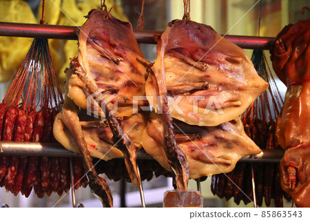 Duck dried food sold in Des Voeux Road West, Hong Kong Duck dried food sold in Des Voeux Road West, Hong Kong 85863543
