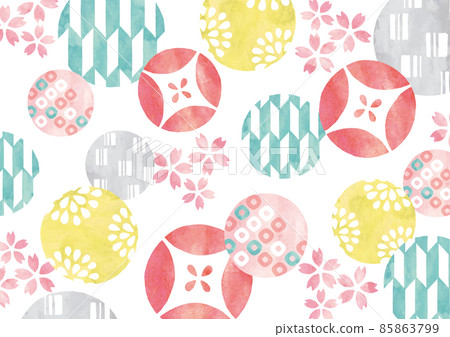 手鞠和櫻花的多彩流行日本圖案水彩 85863799