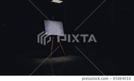 Artist copyist paint seascape with ship in ocean. Craftsman decorator draw as boat sail on blue sea. Black background. Wide angle shot. 85864018