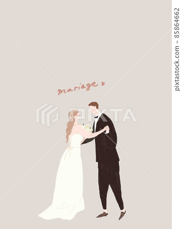 A woman in a wedding dress and a man in a black tie, wedding, vertical C 85864662