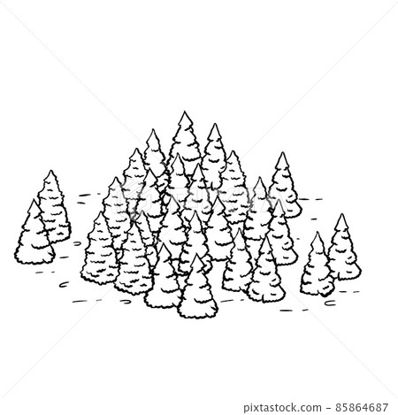 Christmas trees in forest. Natural landscape for retro maps in engraving style. Hand drawn outline cartoon illustration 85864687