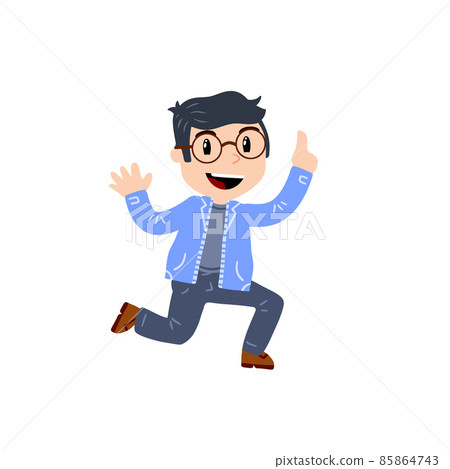 Little boy with glasses runs around. Happy smart child waves his hands. Cute Character in blue clothes. Flat cartoon 85864743