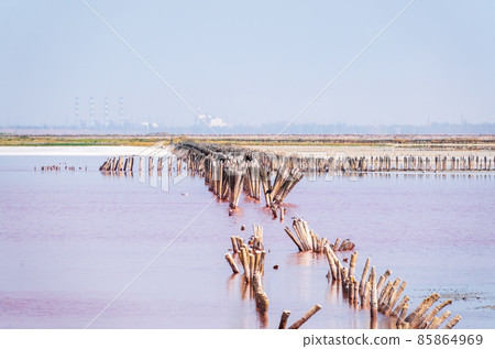 A beautiful salt lake with pink water. A beautiful salt lake with pink water. 85864969
