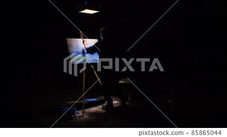 Artist copyist paint seascape with ship in ocean. Craftsman decorator draw as boat sail on blue sea. Black background. Wide angle shot. 85865044