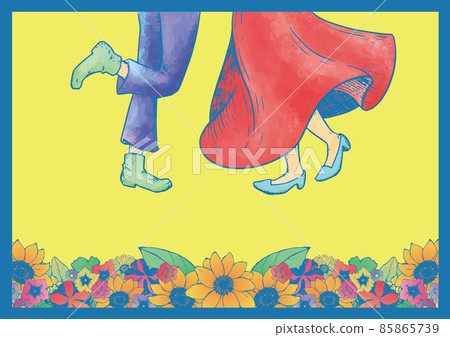 Retro summer illustrations, the feet of two people running up, floral patterns, flower fields, good friends, walks, love, lovers, love, love dates 85865739