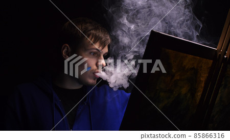 Artist copyist paint seascape with ship in ocean. Vaper smoke vape e-cigarette. Craftsman decorator draw as boat sail on blue sea with acrylic color. 85866316