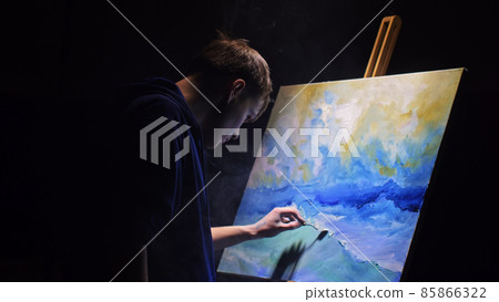 Artist copyist paint seascape with ship in ocean. Vaper smoke vape e-cigarette. Craftsman decorator draw as boat sail on blue sea with acrylic color. Artist copyist paint seascape with ship in ocean. Vaper smoke vape e-cigarette. Craftsman decorator draw as boat sail on blue sea with acrylic color. 85866322
