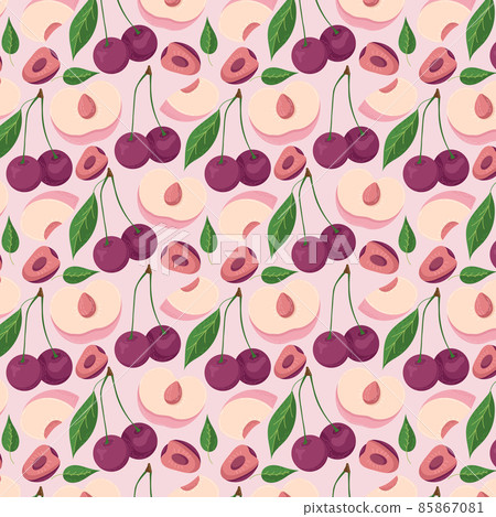 Fruit seamless pattern for textile products, cherry and peach pieces, bone and leaves in a flat style . Vector illustration 85867081