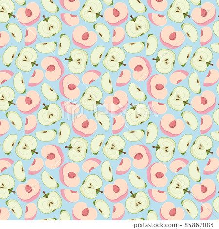 Fruit seamless pattern for textile products, apple and peach pieces, bone and leaves in a flat style . Vector illustration 85867083