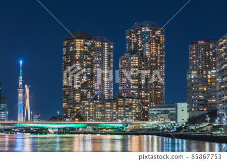 Night view "Tokyo" Tokyo Sky Tree and a tower apartment in Chuo Ward 85867753