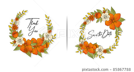 autumn leaves and flower border, illustration of flower wreath with vibrant color isolated white background, applicable for wedding invitation, greeting card, birthday decoration frame, banner & label 85867788