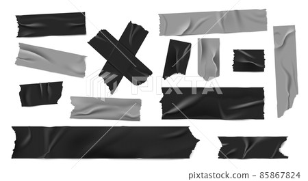 Duct tape. Realistic black and grey adhesive tape with fold and crease, torn strip pieces, crossed and overlapping sticky tape. Vector isolated set image strips tape Duct tape. Realistic black and grey adhesive tape with fold and crease, torn strip pieces, crossed and overlapping sticky tape. Vector isolated set image strips tape 85867824