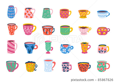 mug. Cartoon ceramic cup with different beverage collection, coffee tea and drinks in cups with simple floral ornaments. Vector set illustrations various image collection colorful ceramic mug. Cartoon ceramic cup with different beverage collection, coffee tea and drinks in cups with simple floral ornaments. Vector set illustrations various image collection colorful ceramic 85867826