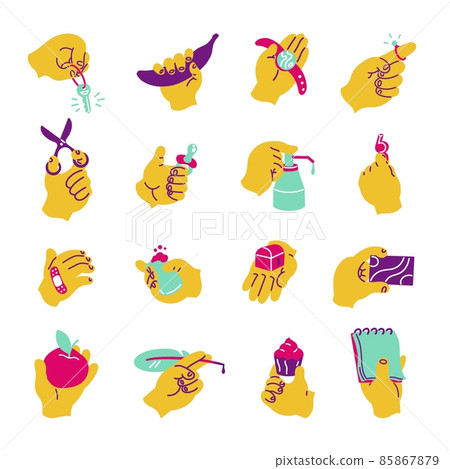 Hands with objects. minimalistic hands with stationery supplies and smart devices, graphic design collection with cartoon hands. Vector set image collection illustrations human hand Hands with objects. minimalistic hands with stationery supplies and smart devices, graphic design collection with cartoon hands. Vector set image collection illustrations human hand 85867879