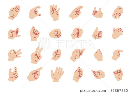 hand gestures. Cartoon minimalistic male and female empty hands with closed and opened palms, pointing fingers and holding gesture. Vector set various collection hands hand gestures. Cartoon minimalistic male and female empty hands with closed and opened palms, pointing fingers and holding gesture. Vector set various collection hands 85867880