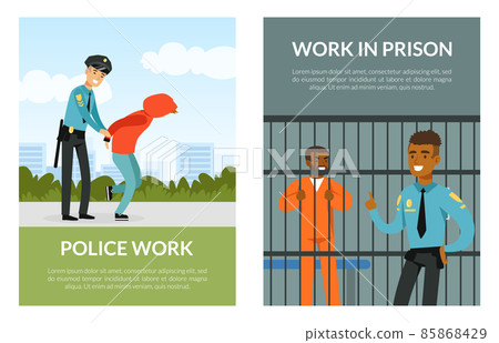Card with Police Officer Work with Man Leading Criminal to Prison Vector Illustration 85868429